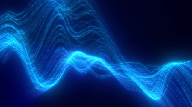 Intense electric blue flowing wave lines made of glowing particles in a dark digital environment