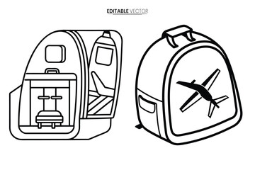 Outline of two backpacks with travel elements like airplanes and water bottles shown