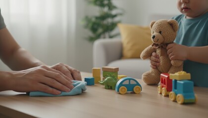 A child plays with colorful toys while an adult cleans the table, creating a warm and nurturing environment in a cozy room.