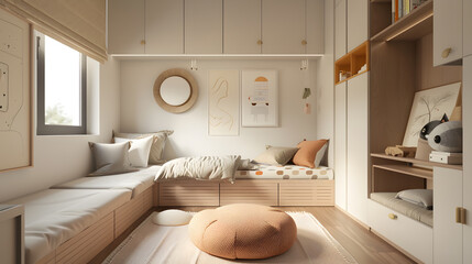 neutral kids room interior, modern minimal design, soft colors, natural materials, calm atmosphere, functional storage, ultra realistic interior photo