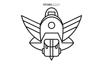 A simple line drawing depicts a stylized spacecraft showcasing a front view of a jet plane design