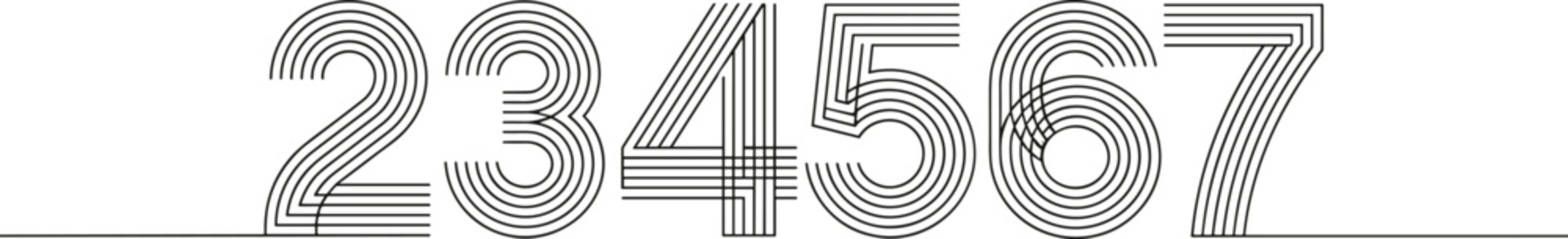 Retro multi line numeral set featuring the numbers two through seven for chronological data visualization and countdown event branding.