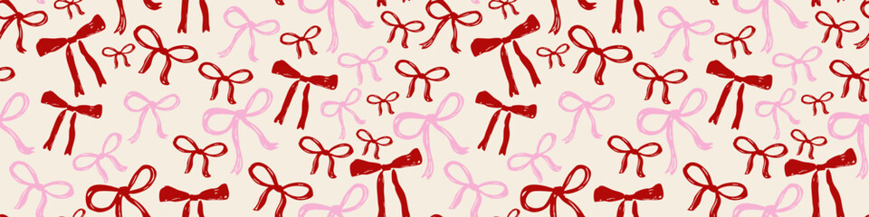 Seamless pattern with red and pink bows ribbon hand drawn on beige background cute romantic decorative wrapping design