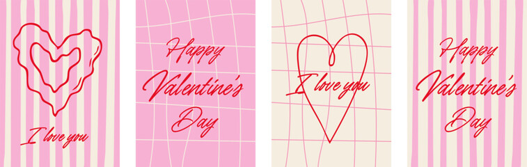 Valentine greeting card set with red heart line art and handwritten text on pink striped and grid backgrounds romantic love design