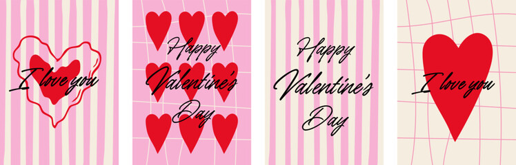 Valentine greeting card set with red hearts and handwritten lettering on pink striped and grid backgrounds romantic love design