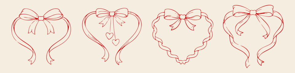 Red heart frames with bows ribbon line art set romantic valentine decorative outline illustration