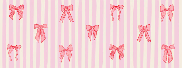 Pink seamless pattern with red bows ribbon striped background cute romantic decorative wrapping design