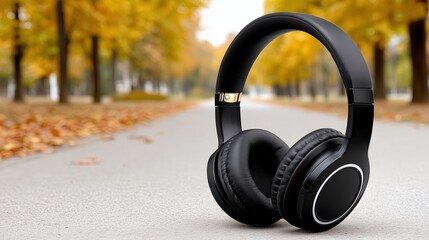 Headphones on autumn leaves warm cozy, black wireless over ear headphones on bed of colorful maple