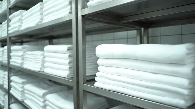Clean White Towels on Shelves - This video features stacks of freshly laundered white towels neatly arranged on stainless steel shelves.