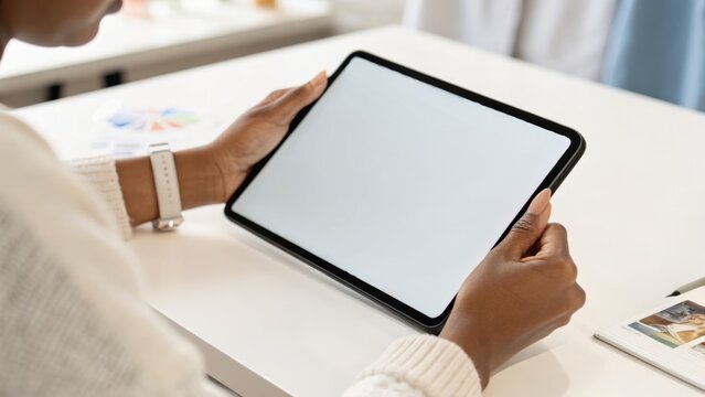 A person holding a tablet with a blank screen, seated at a table with a colorful chart and other items nearby.
