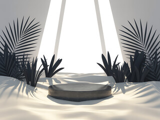 A minimalist 3D nature-themed display. A circular black stone podium