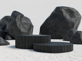 A hyper realistic 3D render of rugged, textured black volcanic rock podiums 