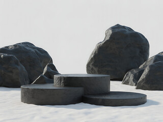 A hyper realistic 3D render of rugged, textured black volcanic rock podiums 