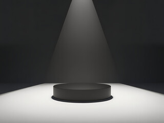 A dramatic high contrast 3D product stage. A single, solid black circular podium