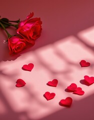 Romantic Valentine's Day Still Life: Red Roses and Hearts on Pink Background with Soft Light - Clean Minimalist Copy Space