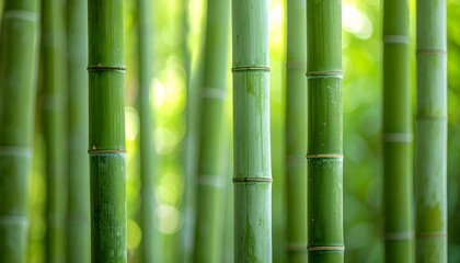 Obraz premium Lush Bamboo Forest with Verdant Green Stalks and Soft Bokeh Background