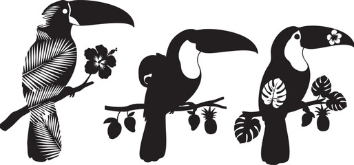 Fototapeta premium Three black and white toucan silhouettes with tropical foliage and flowers on a branch bird 2