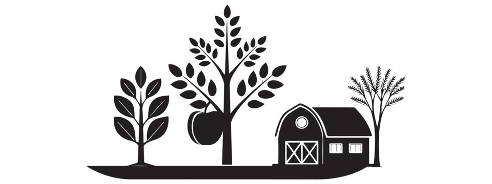 Farm & Orchard Silhouette &ndash; Barn, Trees, Rural Landscape Vectors .