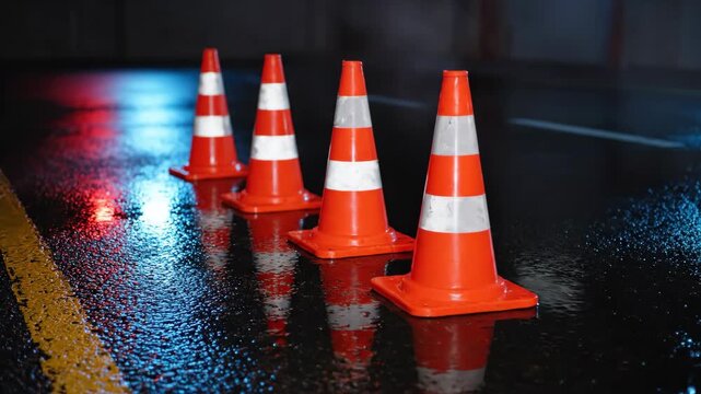 Traffic Cones on Wet Asphalt - A row of orange and white traffic cones are lined up on a wet asphalt surface.