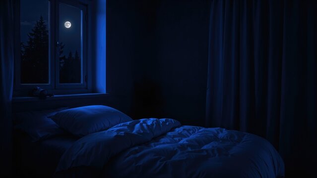 A bedroom scene at night with moonlight streaming through the window, illuminating the bed and dark curtains.