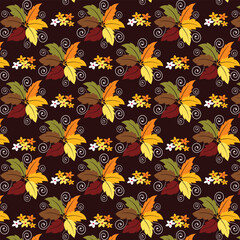 Seamless repeating pattern with colorful autumn leaves, small flowers, and decorative swirls on a dark background. Ideal for textiles, wallpaper, wrapping paper, and backgrounds