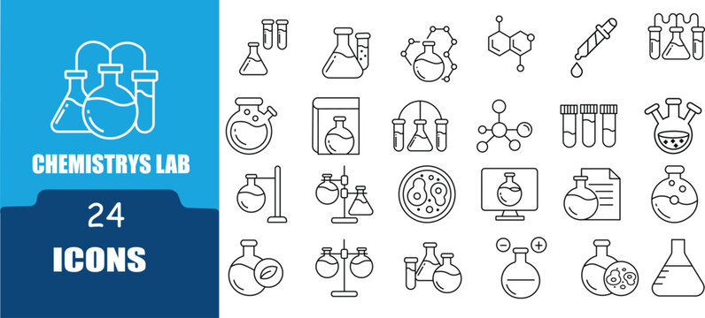 Chemistry Lab Line Icons set .Research Tools, Experiments  ,Lab Report,Chemical Bottles,Chemist, Microscope, and more. Outline Icon Collection. 