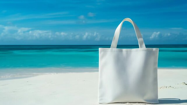 Bolsa de tela blanca vac&iacute;a en la playa tropical para mockup de dise&ntilde;o