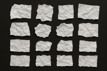 Crumpled creased white paper scrap texture set, torn wrinkled note, ripped pieces of sheet on black background	