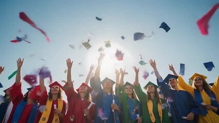 Graduates joyfully throwing caps in the air during a sunny graduation ceremony outdoors