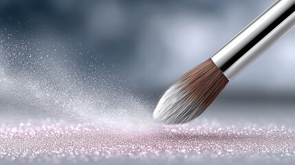 Glamorous makeup application, Makeup artist blending highlighter using elegant shimmering brush