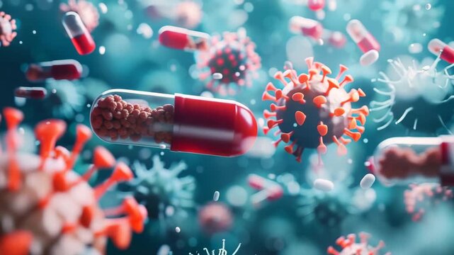 Gut microbiome health: Probiotics and antibiotics fighting harmful bacteria in intestines, 3D medical animation rendering.
