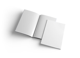 Open magazine and magazine cover isolated on transparent background. Cut out blank brochure mockup 3D rendering