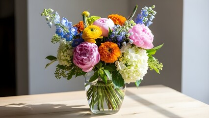 Fresh Colorful Flower Bouquet in Glass Vase with Natural Soft Daylight