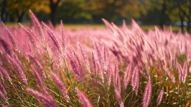 Pink Muhly Grass Field - A field of pink muhly grass swaying in the breeze under a warm autumn sun. The soft, feathery plumes create a dreamy and ethereal landscape.