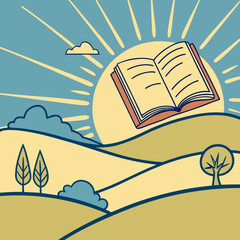 Open book in a serene landscape
