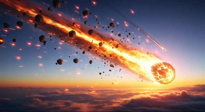 Fiery meteor flying through atmosphere over clouds dramatic space disaster concept scene
