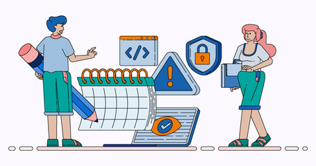 People Scheduling Maintenance and Monitoring Security Systems with Calendar Alerts Notifications and Warning Programs for Safety Protection. Design can be used for banner, website, poster, mobile apps