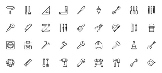 Construction tools icon set. Vector tool collection including paint roller, shovel, wrench, hammer, drill, saw, toolbox, helmet, measuring tape and more. Editable stroke.