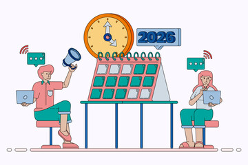 New Year New Agenda and Better Time Management with Calendar Planning Scheduling Meetings and Smart Productivity Goals. Design can be used for banner, website, poster, landing page, social media, ads