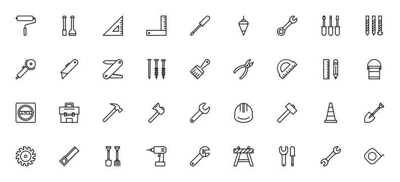 Construction tools icon set. Vector tool collection including paint roller, shovel, wrench, hammer, drill, saw, toolbox, helmet, measuring tape and more. Editable stroke.