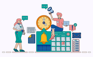 Scheduling and Managing Time Efficiently Using Calendar Mobile Apps Markers and Notification Bell for Work Productivity. Design can be used for banner, website, poster, landing page, social media, ads