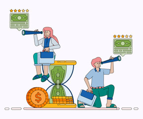 Time Management for Finance and Five Star Investment Concept with Hourglass Banknotes Coins and Business Planning. Design can be used for banner, website, poster, landing page, social media, ads