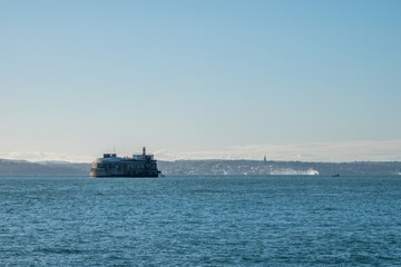 view of Spitbank fort a sea fort located in the Solent near Portsmouth Hampshire England