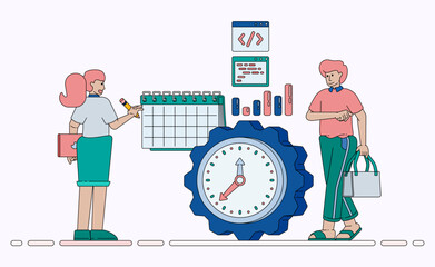 Time Management Mechanism Concept with Clock Gears Calendar and Digital Scheduling for Work Development and Apps. Design can be used for banner, website, poster, landing page, social media, ads
