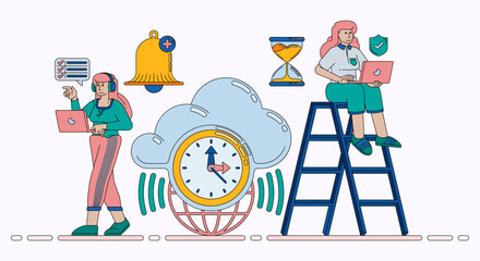 Cloud System Integrated with Clock for Accurate Timekeeping Services Notifications and Network Based Scheduling. Design can be used for banner, website, poster, landing page, social media, ads