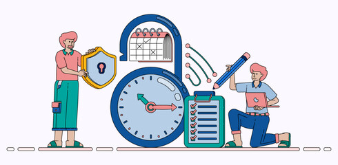Secure Time Management Concept with Protected Clock for Events Scheduling Checklists Surveys and Safety Systems. Design can be used for banner, website, poster, landing page, social media, ads