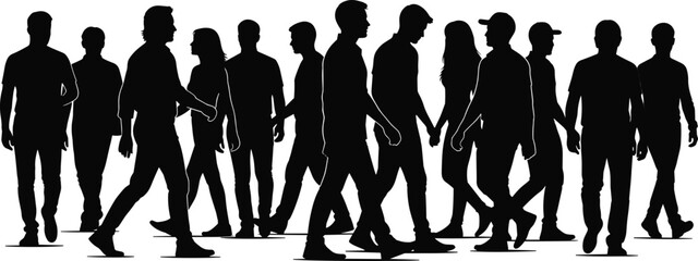 Silhouette illustration of diverse people walking in urban street scene showing motion, lifestyle, and human interaction