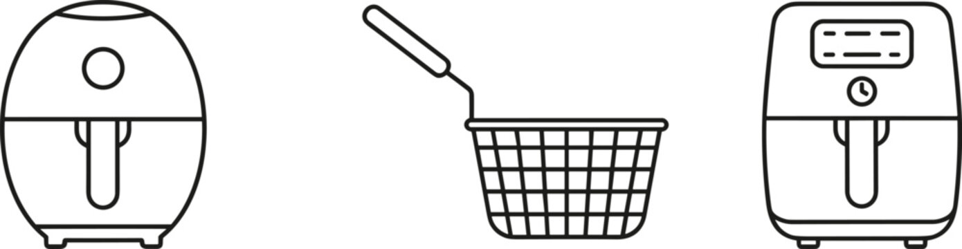 Minimalist air fryer icon set featuring modern kitchen appliance silhouettes and fryer basket for healthy cooking lifestyle branding.