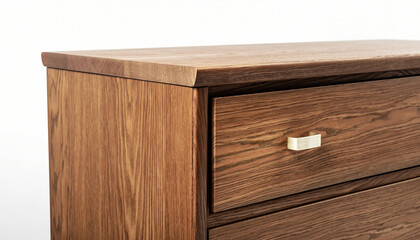 Close-up detail of a modern wooden dresser or cabinet with rich oak grain and stylish brass handle, showcasing quality craftsmanship and contemporary furniture design on a clean white background.