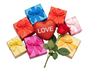 Colorful gifts surrounding a heart and rose isolated on transparent background